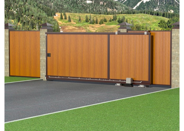 Откатные уличные ворота в алюминиевой раме с заполнением сэндвич-панелями SLG-A